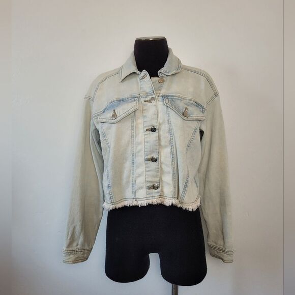 Venus Cropped Acid Wash Denim Jean Jacket Fringe Trim Grunge 90s Biker Small - Picture 9 of 14